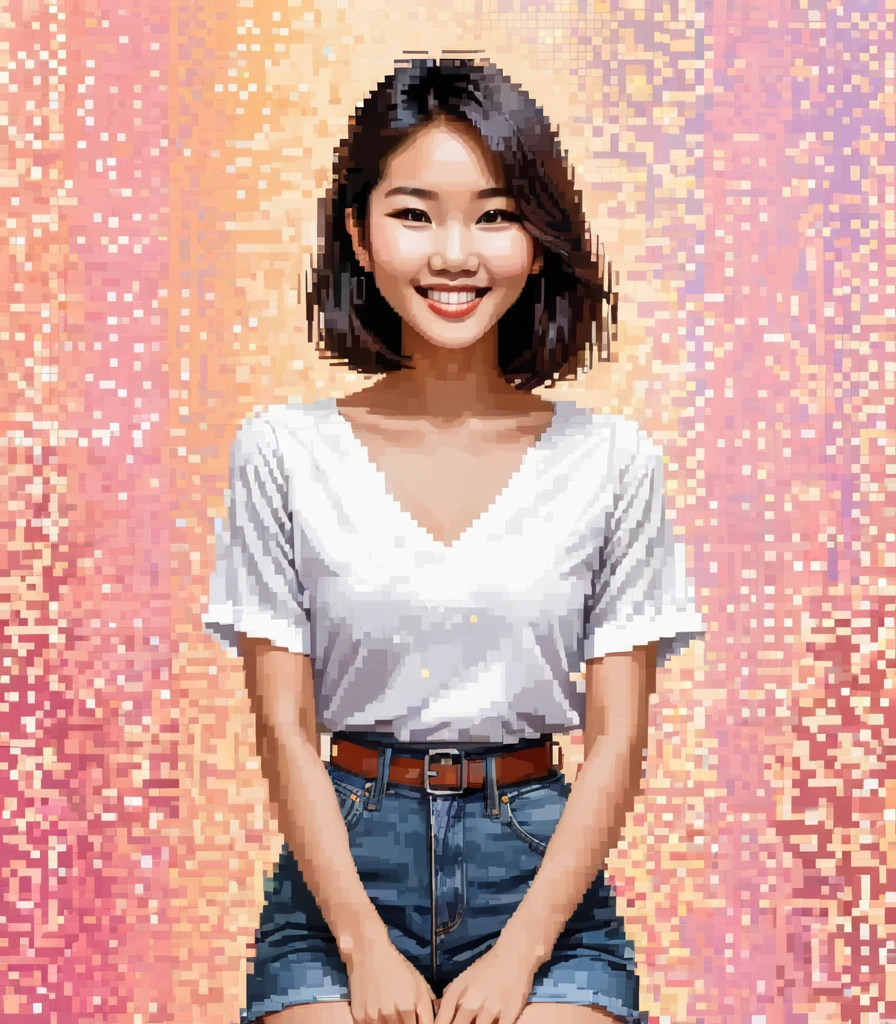 young asian woman,(Face only),pixel art,sweet and cheerful smile