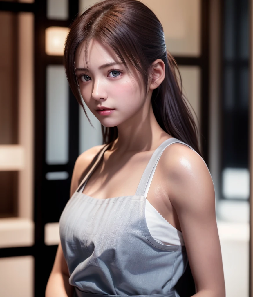 8K, of the highest quality, masutepiece:1.2), (Realistic, Photorealsitic:1.37), of the highest quality, masutepiece, Beautiful young woman, Pensive expression, Gentle eyes, sexy camisole、Hair tied back, Messy mood, Cinematic background,  Light skin tone