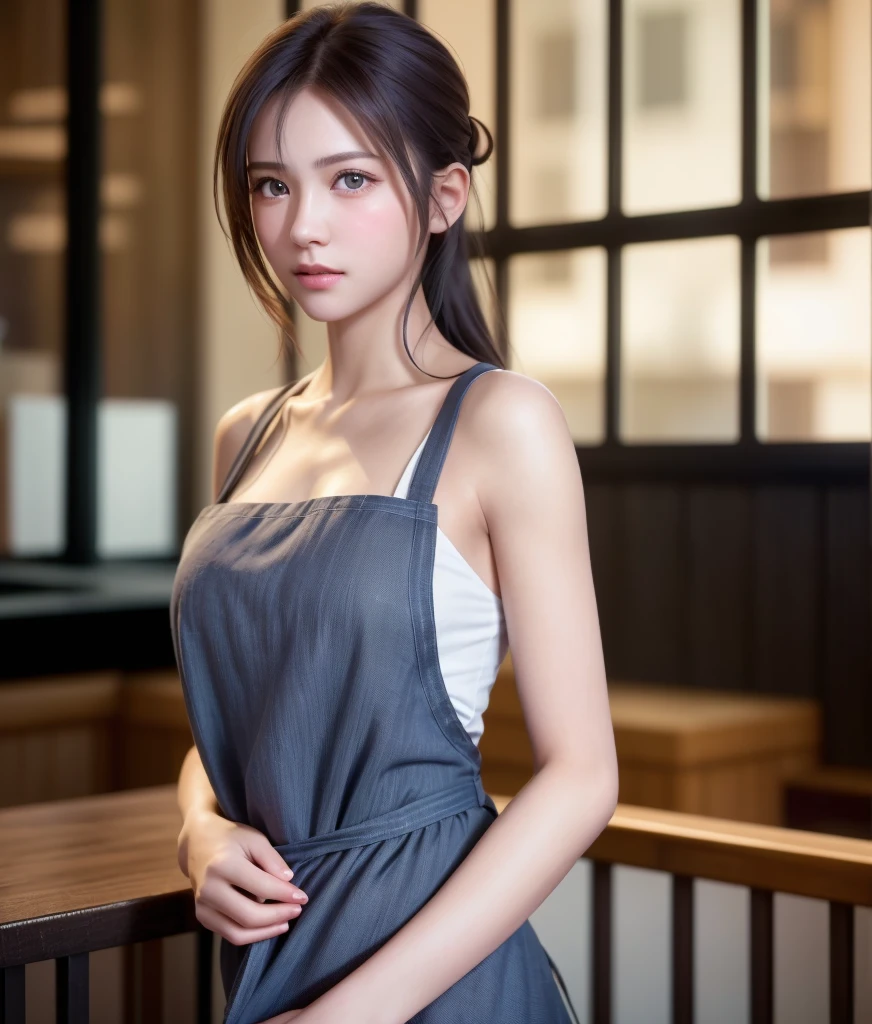 8K, of the highest quality, masutepiece:1.2), (Realistic, Photorealsitic:1.37), of the highest quality, masutepiece, Beautiful young woman, Pensive expression, Gentle eyes, Apron naked、shyly shy、Hair tied back, Messy mood, Cinematic background, Light skin tone