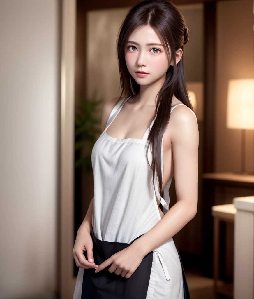 8K, of the highest quality, masutepiece:1.2), (Realistic, Photorealsitic:1.37), of the highest quality, masutepiece, Beautiful young woman, Pensive expression, Gentle eyes, Apron naked、shyly shy、Hair tied back, Messy mood, Cinematic background,  Light skin tone
