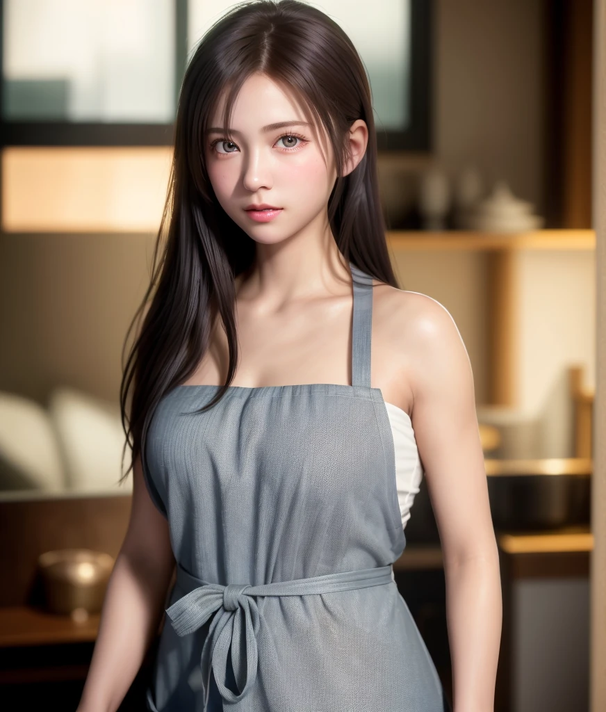 8K, of the highest quality, masutepiece:1.2), (Realistic, Photorealsitic:1.37), of the highest quality, masutepiece, Beautiful young woman, Pensive expression, Gentle eyes, Apron naked、shyly shy、Hair tied back, Messy mood, Cinematic background,  Light skin tone