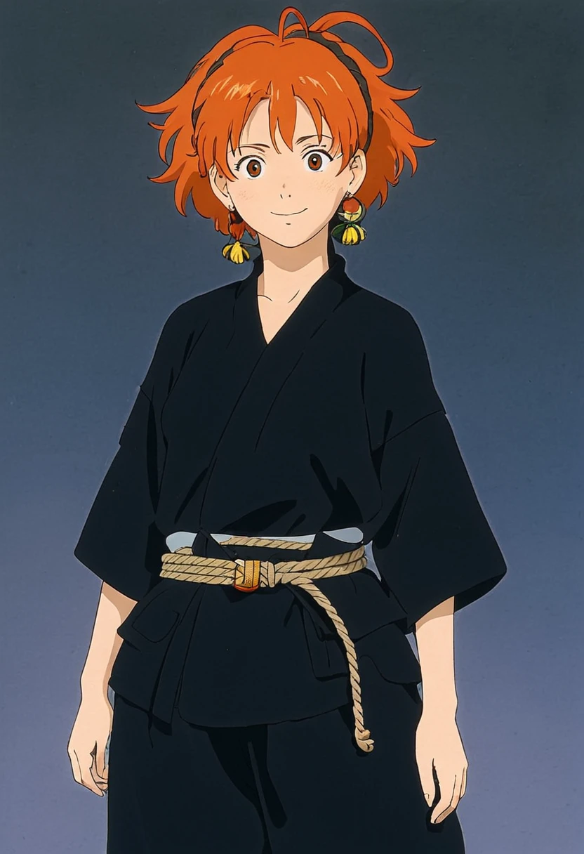 A Ghibli's studio character. With messy orange hair and dark large clothes. Her belt is a rope and she wear very noticeable earrings