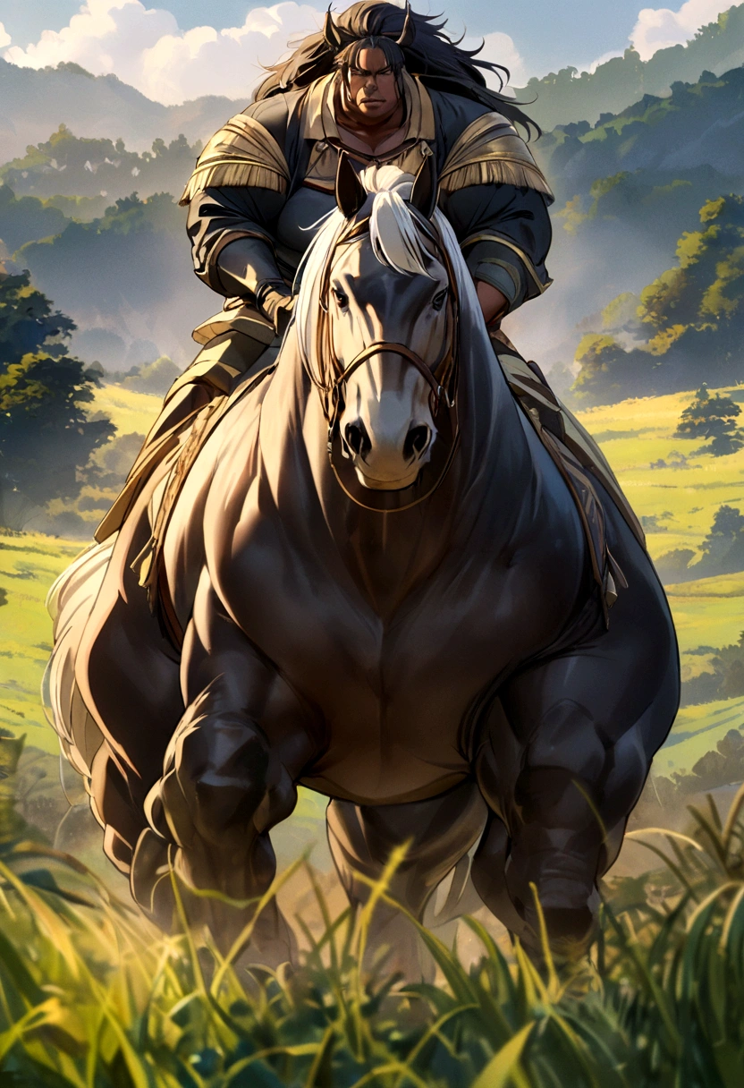 full side view of a Big Brabant stallion, in a grass field. being ridden by a fat full figured dark skinned nude African woman rider
