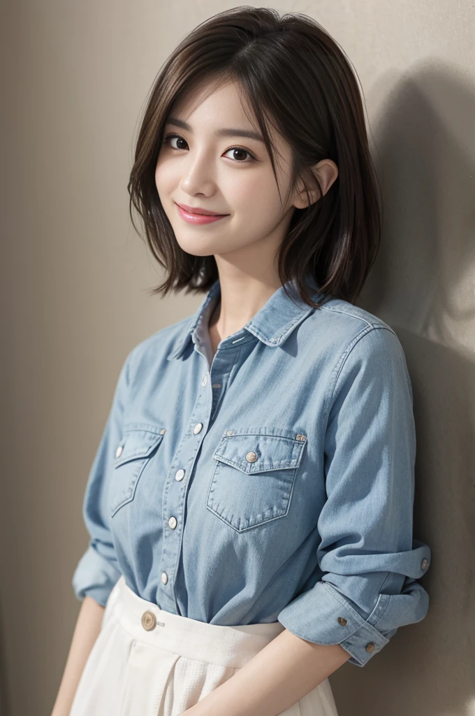 Flying debris、highest quality、shape、 Very detailed、Fine details、 High resolution、8K Dende Wallpaper、Perfect dynamic composition、27歳のpretty girl、pretty girl、Beautiful face in every detail、Small and cute eyes、Textured skin、A modest smile、Wavy short hair、Small breasts、Casual wear、Checked shirt、Bold sexy pose、