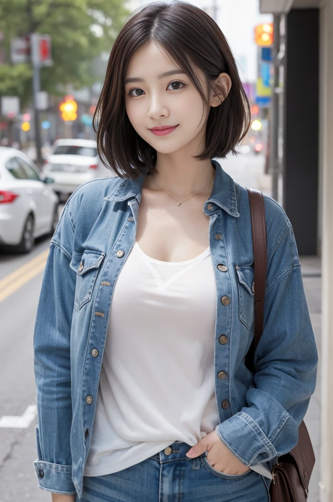Flying debris、highest quality、shape、 Very detailed、Fine details、 High resolution、8K Dende Wallpaper、Perfect dynamic composition、27歳のpretty girl、pretty girl、Beautiful face in every detail、Small and cute eyes、Textured skin、A modest smile、Wavy short hair、Small breasts、Casual wear、Checked shirt、Bold sexy pose、