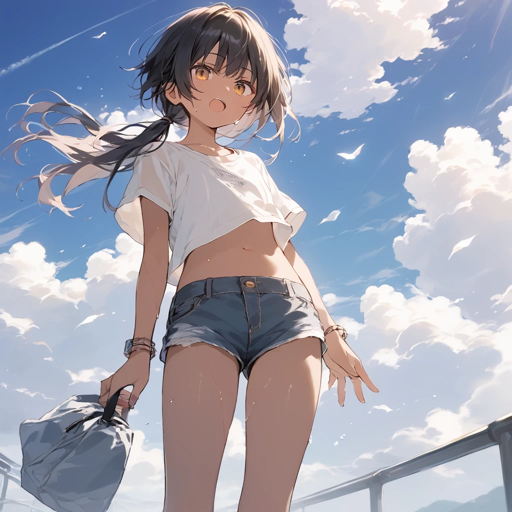 score_9, score_8_up, score_7_up, source_anime, best quality, masterpiece,official art, absurdres, highres, waifu2x,Collection: Slice of Life,break,1girl, tomboy, dark-skinned female, short hair, low ponytail, flat chest, beautiful detailed eyes, short shorts, sweat, open mouth, (yawn:0.3), sleepily, outdoors, wind, break,(clear line illustration:1.2),very high resolution, very aesthetic, super detailed skin, Best sexual lighting powered by famous artist, 8k,cute picture,beauty illustration,photoshop_(medium),,(Detailed Lighting)