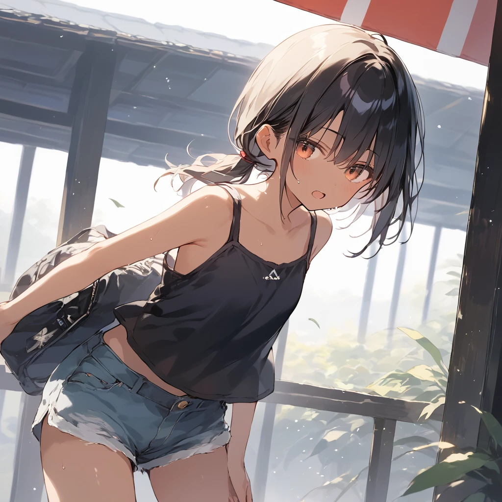 score_9, score_8_up, score_7_up, source_anime, best quality, masterpiece,official art, absurdres, highres, waifu2x,Collection: Slice of Life,break,1girl, tomboy, dark-skinned female, short hair, low ponytail, flat chest,  beautiful detailed eyes, short shorts, sweat, open mouth, (yawn:0.3), sleepily, outdoors, wind, break,(clear line illustration:1.2),very high resolution, very aesthetic, super detailed skin, Best sexual lighting powered by famous artist, 8k,cute picture,beauty illustration,photoshop_(medium),,(Detailed Lighting)
