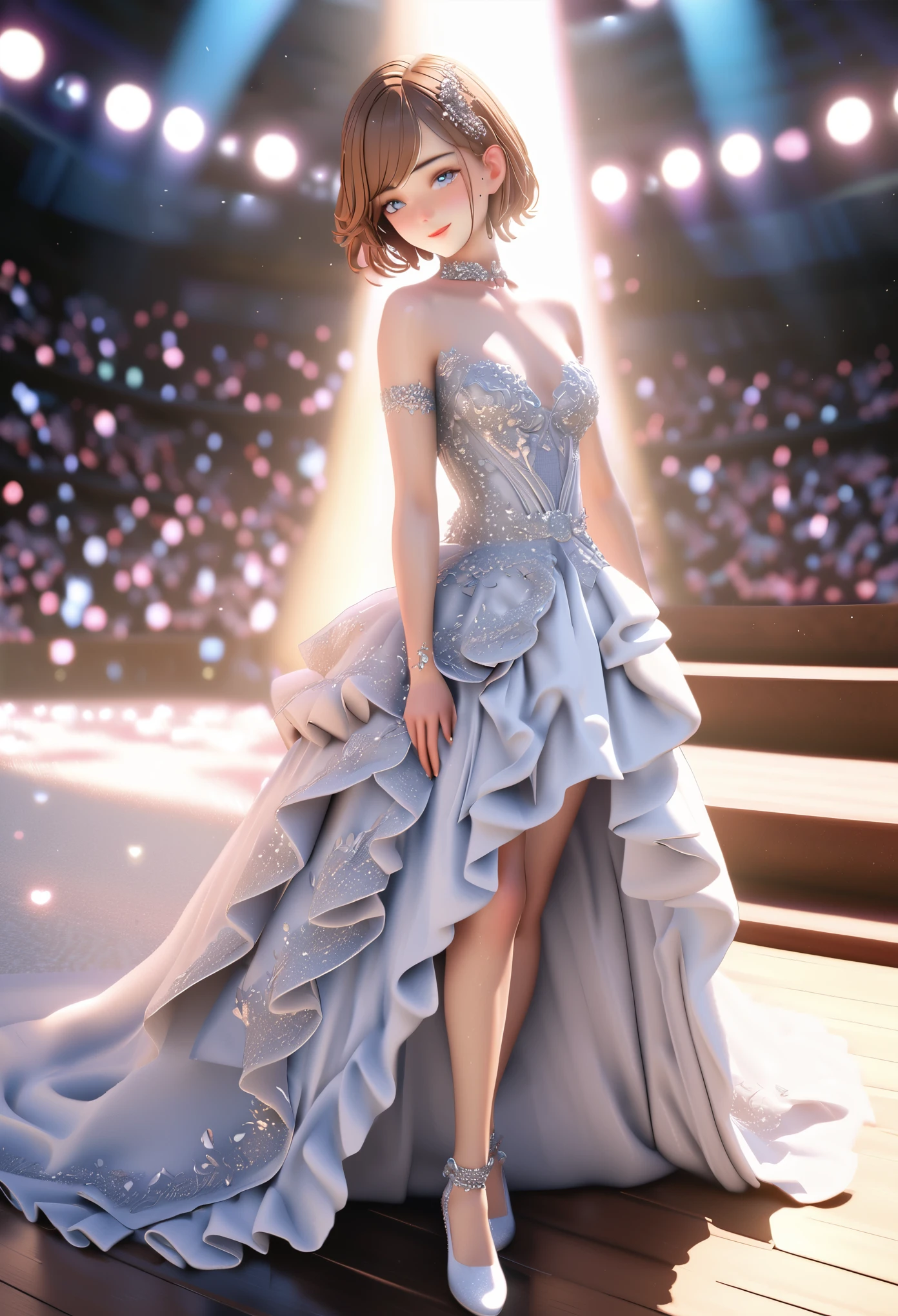 One girl, looking at the audience,
beautiful blue eyes, brown short hair, mole under eye, plump glossy lips, heart shaped choker, idol, smiling, . . . . 3D, realistic,
princess dress with too many frills, draped clothes, jewels, embellishments stripped away, floral patterns, lace trim, bright stage,
masterpiece, best quality, 8k, detailed skin texture, detailed fabric texture, beautifully detailed face, intricate details, highly detailed,
ultra high resolution, 8K Ultra HD, film grain, best shadows, delicate, looking at the audience, front