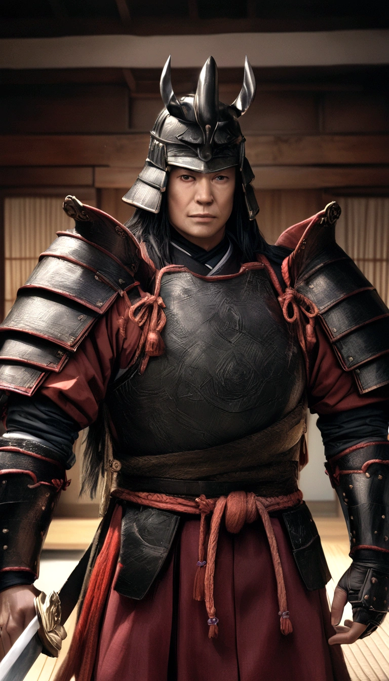 highest quality,4K,8k,High resolution,masterpiece:1.2),Super detailed,(Realistic,photoRealistic,photo-Realistic:1.37),Japanese samurai in the Sengoku period, Wearing full samurai armor,A face like a chiseled Japanese actor,Put the whole body in、 Point your sword at the enemy in front of you, Brandishing a sharp sword, Gives off a strong sense of intimidation, Glowing yellow eyes, Black armor,The background is a Japanese house like that of Kyoto.
