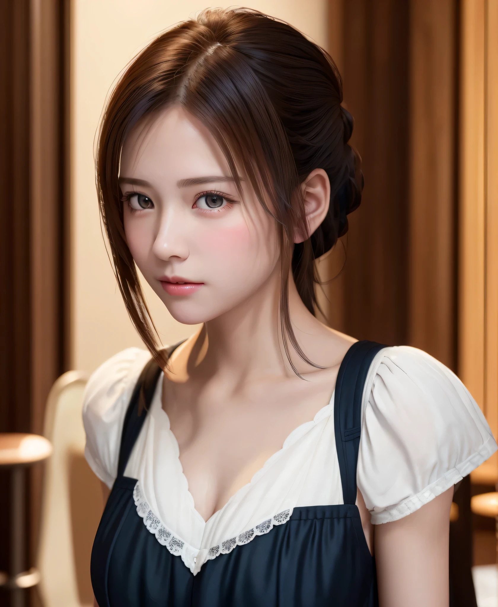 8K, of the highest quality, masutepiece:1.2), (Realistic, Photorealsitic:1.37), of the highest quality, masutepiece, Beautiful young woman, Pensive expression,、A charming、and an inviting look, Cute Maid Clothes, Hair tied back, Cinematic background, Light skin tone