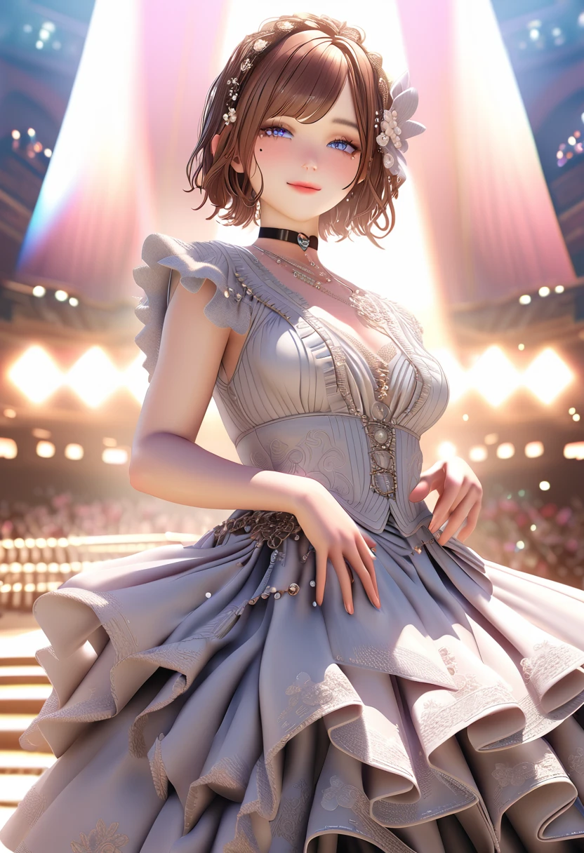 One girl, looking at the audience,
beautiful blue eyes, brown short hair, mole under eye, plump glossy lips, heart shaped choker, idol, smiling, . . . . 3D, realistic,
princess dress with too many frills, draped clothes, jewels, embellishments stripped away, floral patterns, lace trim, bright stage,
masterpiece, best quality, 8k, detailed skin texture, detailed fabric texture, beautifully detailed face, intricate details, highly detailed,
ultra high resolution, 8K Ultra HD, film grain, best shadows, delicate, looking at the audience, front