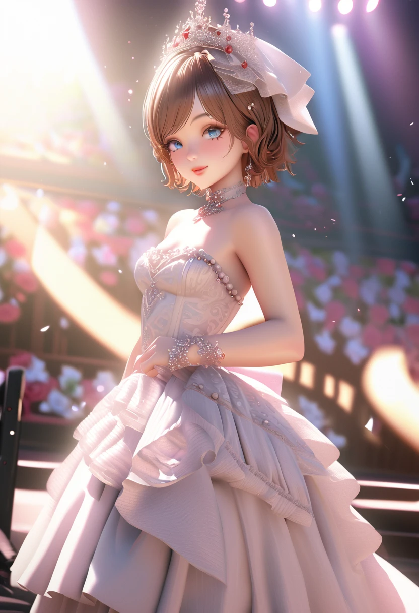 One girl, looking at the audience,
beautiful blue eyes, brown short hair, mole under eye, plump glossy lips, heart shaped choker, idol, smiling, . . . . 3D, realistic,
princess dress with too many frills, draped clothes, jewels, embellishments stripped away, floral patterns, lace trim, bright stage,
masterpiece, best quality, 8k, detailed skin texture, detailed fabric texture, beautifully detailed face, intricate details, highly detailed,
ultra high resolution, 8K Ultra HD, film grain, best shadows, delicate, looking at the audience, front
