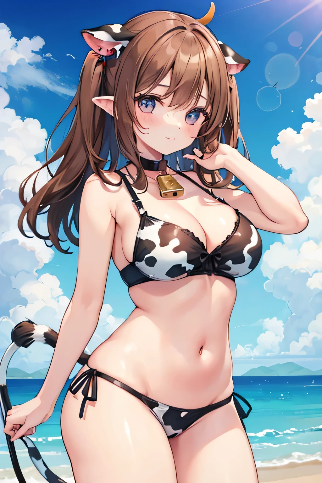 A girl with voluptuous figure and cow features such as flappy ears, and tail. She wear an underwear with cow-print on it and a cowbell on her neck.