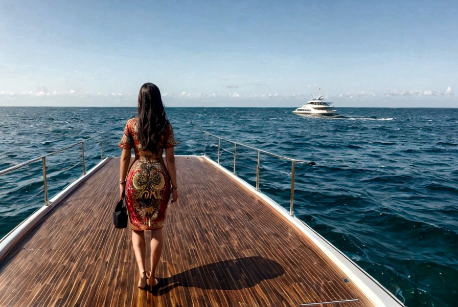 Realistic photography of a woman standing on front of a luxury wood and black speed boat docking in the ocean.