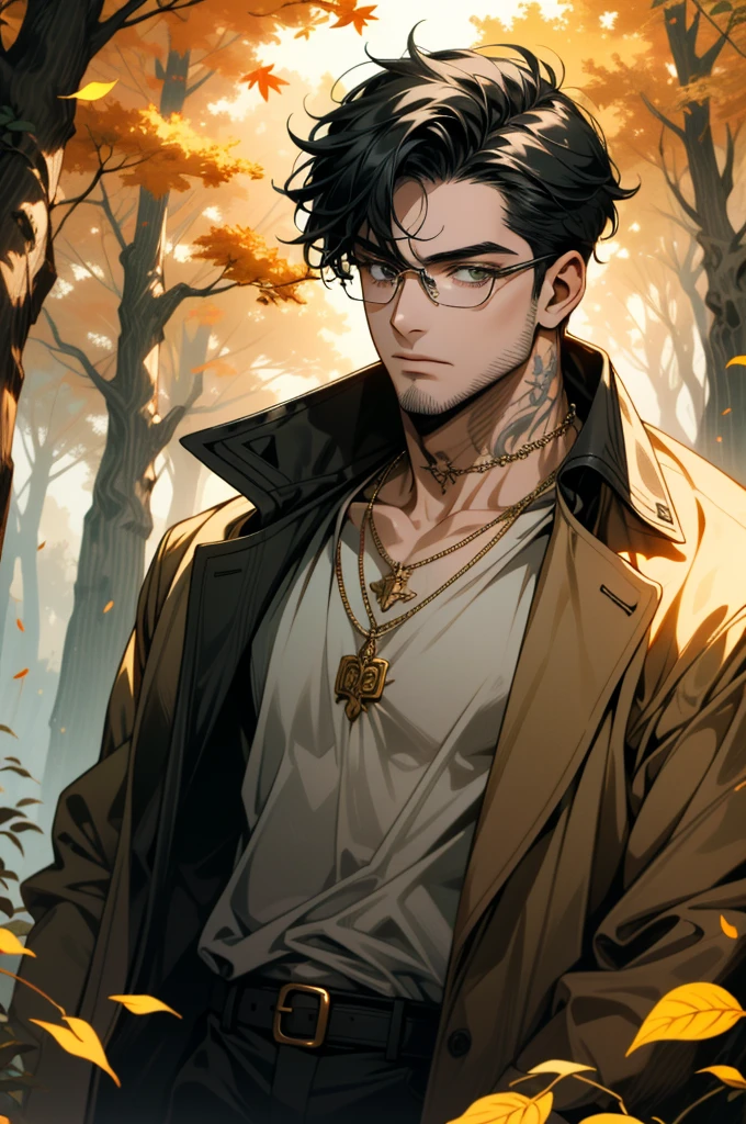 ((ultra detailed, masterpiece, absurdres))
 1boy, solo, black hair, tattoo, necklace,  black beard stubble, glasses, Rustic autumn forest, dynamic lighting, golden leaves, winding paths