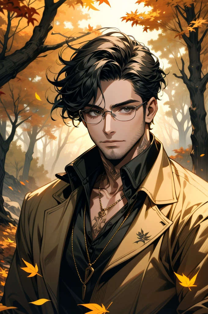 ((ultra detailed, masterpiece, absurdres))
 1boy, solo, black hair, tattoo, necklace,  black beard stubble, glasses, Rustic autumn forest, dynamic lighting, golden leaves, winding paths