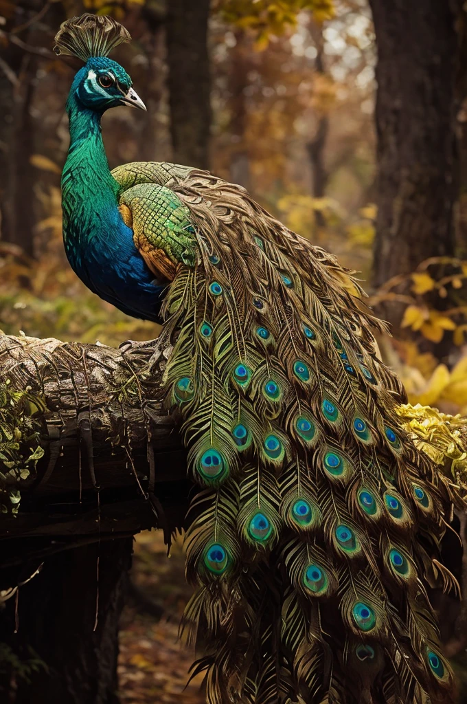 peacock sitting on a branch with its tail spread out in autumn , backgroung with yellow and red leaves have strong bokeh, peacock colors, 9 peacock tails, peacock, 9 brilliant peacock tails, colorful plumage, beautiful and graceful, beautiful feathers, peacock. intricate, peacock feathers, beautiful nature, beautiful photo, feathered, beautiful creature, beautiful and elegant