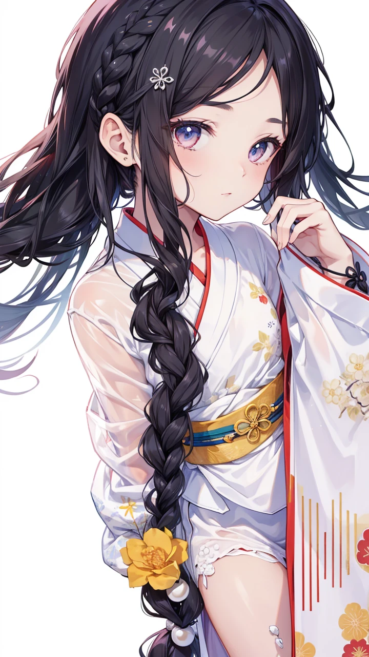 man, black long hair, ((best quality)), ((masterpiece)), (detailed), perfect face, Character design, chinese, some braids and pearls in hair, wearing white yukata