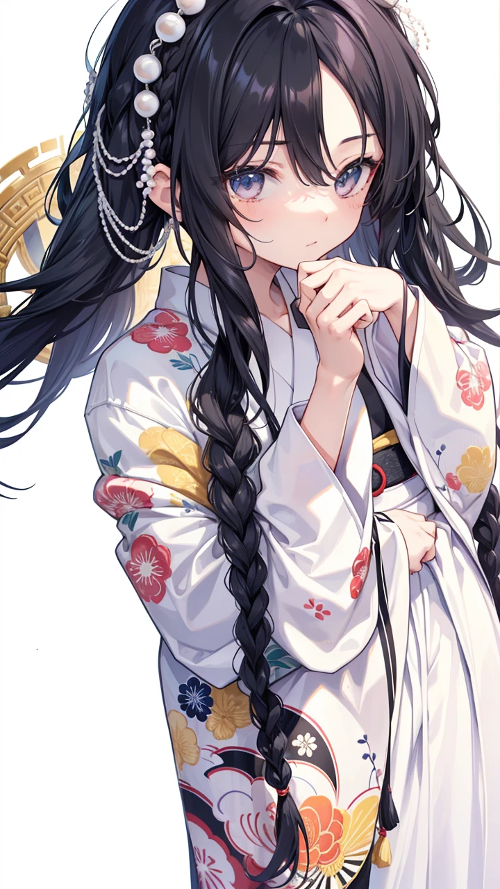 man, black long hair, ((best quality)), ((masterpiece)), (detailed), perfect face, Character design, chinese, some braids and pearls in hair, wearing white yukata