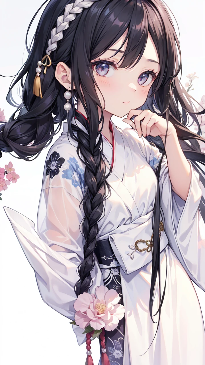 man, black long hair, ((best quality)), ((masterpiece)), (detailed), perfect face, Character design, chinese, some braids and pearls in hair, wearing white yukata