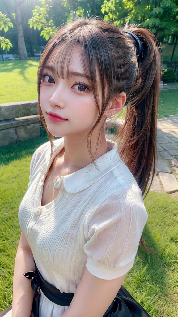 One piece with collar,outdoors,Urban Park,On the lawn,Ultra-detailed, finely detail, hight resolution, 8K Wallpaper, Perfect dynamic composition, Beautiful detailed eyes,Outdoor,Close-up of face,Outdoor,Blushing,Facing forward,,Long hair ponytail,((8K, Raw photo, Best Quality, Mastepiece:1.2), (Realism, Photorealistic:1.4), (Highly detailed 8k wallpaper), Depth of written boundary, Cinematic Lighting, Soft Light, Detailed Beauty Eye,Shiny and smooth light brown ponytail, Asymmetrical bangs, Shiny skin, Ultra-detailed skins ,It is high resolution., High detail, Detailed hairstyle, Detailed facial beauty, Hyper-realistic, Perfect limbs, Perfect Anatomy ,1 Japanese girl,Famous Japanese Idols, Perfect female body,A shy smile,Short eyelashes,Double-edged eyelids,Look straight here,Hair style: ponytail,