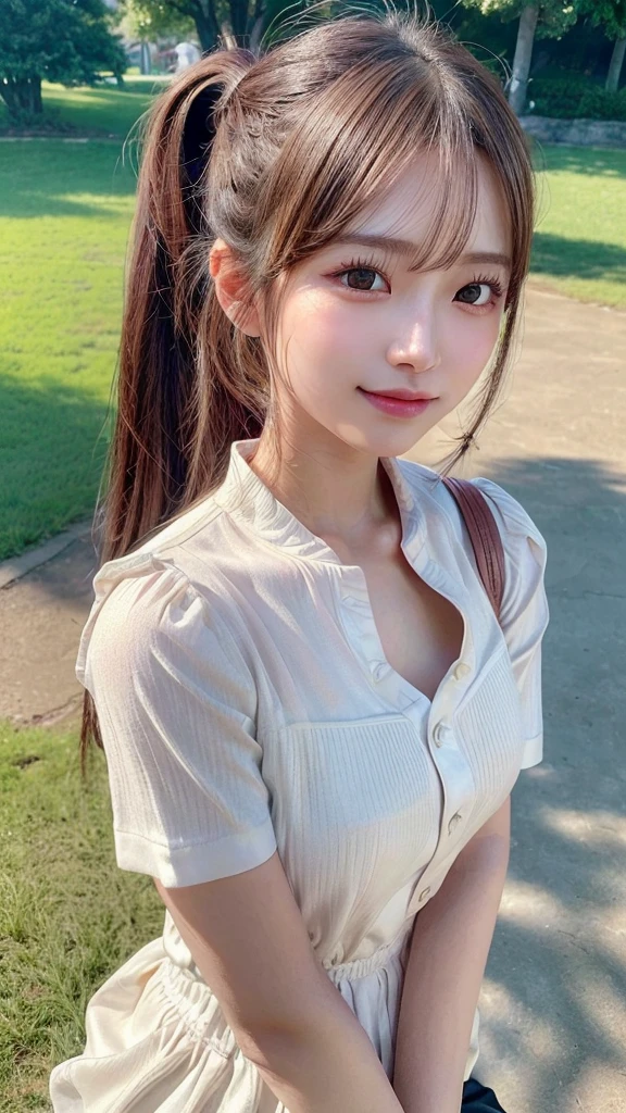 One piece with collar,outdoors,Urban Park,On the lawn,Ultra-detailed, finely detail, hight resolution, 8K Wallpaper, Perfect dynamic composition, Beautiful detailed eyes,Outdoor,Close-up of face,Outdoor,Blushing,Facing forward,,Long hair ponytail,((8K, Raw photo, Best Quality, Mastepiece:1.2), (Realism, Photorealistic:1.4), (Highly detailed 8k wallpaper), Depth of written boundary, Cinematic Lighting, Soft Light, Detailed Beauty Eye,Shiny and smooth light brown ponytail, Asymmetrical bangs, Shiny skin, Ultra-detailed skins ,It is high resolution., High detail, Detailed hairstyle, Detailed facial beauty, Hyper-realistic, Perfect limbs, Perfect Anatomy ,1 Japanese girl,Famous Japanese Idols, Perfect female body,A shy smile,Short eyelashes,Double-edged eyelids,Look straight here,Hair style: ponytail,