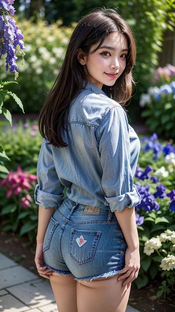 1 cute girl stands against of ((flower garden, a lot of Delphinium Flowers all over the place:1.5)) themed beautiful outdoor background and same themed patterned (Light purple button-down shirt tucked into denim cutoffs from "moussy", :1.3),
BREAK (beautiful very long and thin thighs stretching straight from her very small butt, from behind:1.3), (extreme close-up thighs:1.4), (fun smile:1.5), watercolor, reflection, highlight and shadow, ray tracing, dynamic angle, depth of field, 1000+ scatter petals, looking at viewer,