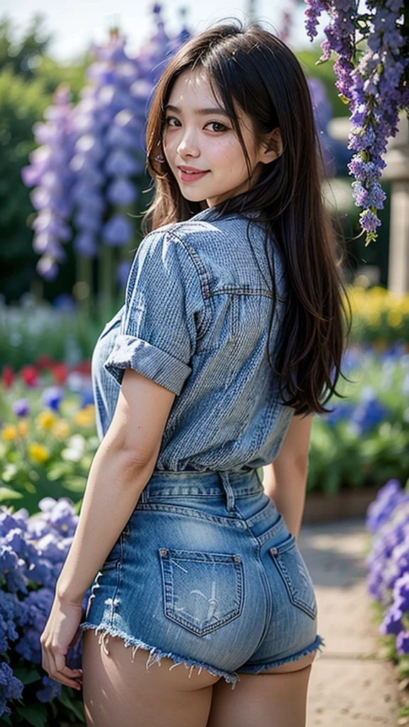 1 beautiful woman stands against of ((flower garden, a lot of Delphinium Flowers all over the place:1.5)) themed beautiful outdoor background and same themed patterned (Light purple button-down shirt tucked into denim cutoffs from "moussy":1.5),
(from behind:1.5), (extreme close-up thighs:1.4), (fun smile:1.3), watercolor, reflection, highlight and shadow, ray tracing, dynamic angle, depth of field, 1000+ scatter petals, looking at viewer,(curvy body:1.3),(8k, RAW photo, best quality, masterpiece:1.2), ultra highres,High detail RAW color photo, professional photograph, full body, (realistic, photo realistic:1.3), ((best quality)), 1 girl, cinematic light, (finerly detailed face:1.2), (masterpiece:1.2), (best quality:1.2), (looking at viewer:1.2),japanese woman,