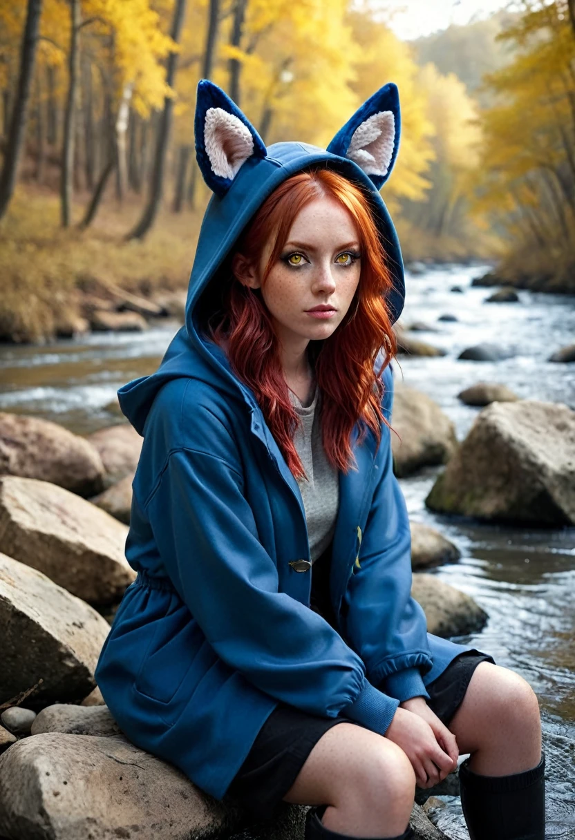 8ก, best quality, (realistic:1.4), raw photos, 1 girl, red hair, animal ears, Blue hooded coat, ears sticking out, stance: Sitting on the rocks in the river in the forest, Yellow eyes, -