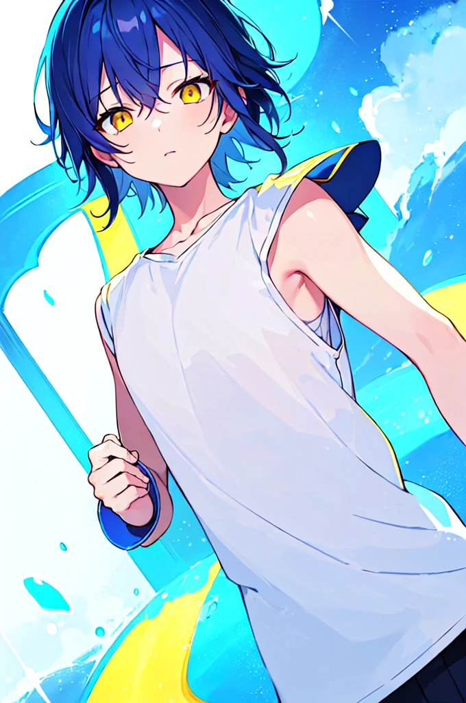 [(WHITE BACKGROUND:1.5),::5], ((((masterpiece)))), high quality, very_high_resolution, large_filesize, upper body, full color, ((Solo)), (( boy)), 13 olds short deepblue hair, vivid color, ((yellow eye)), Summer clothes white, animestyle, (NeonSoda Splash effect:1.3)