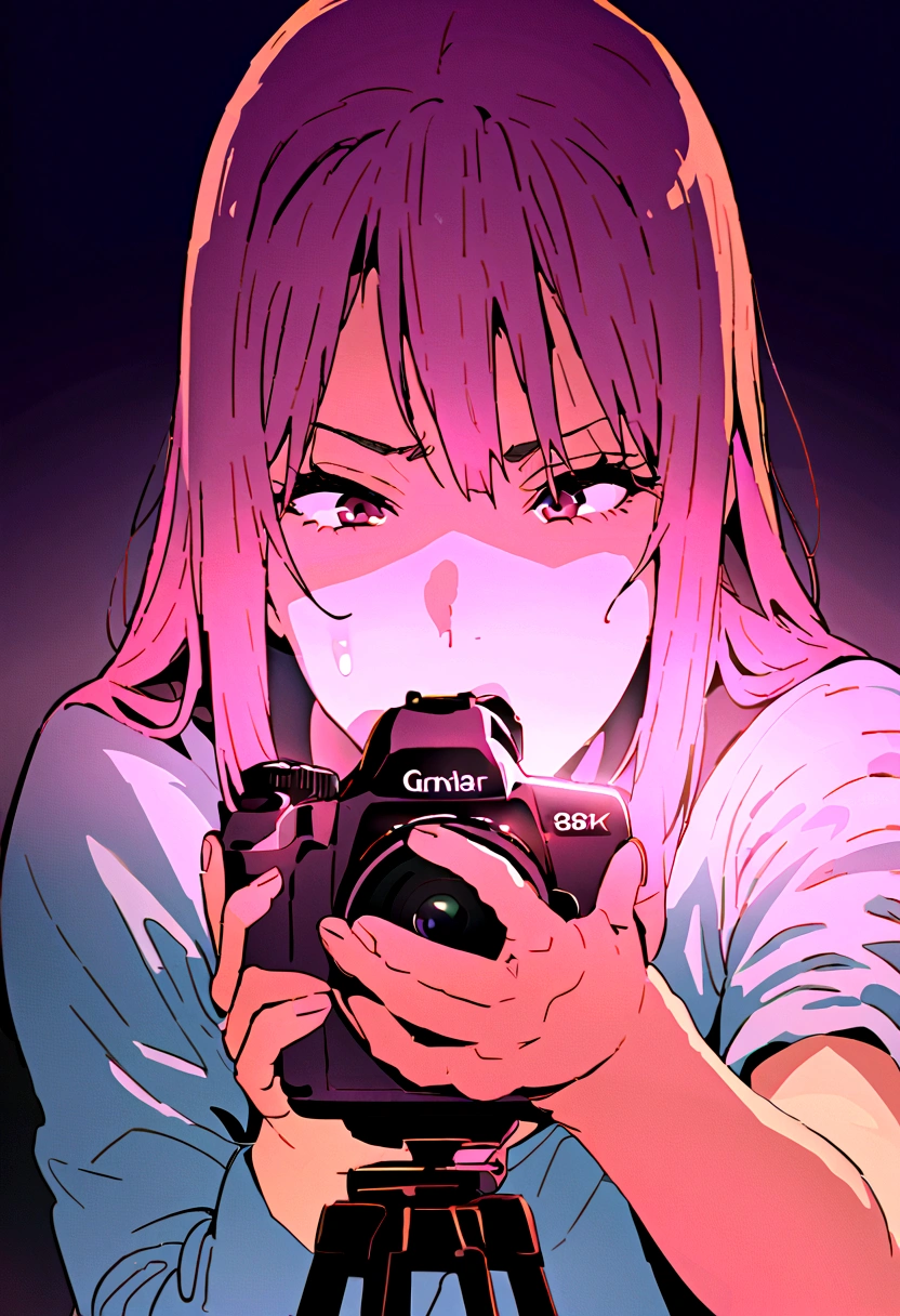 1 pretty girl in chainsaw man style, long hair, light pink hair and blue hair tips,light blue eyes(delhado), eyes wide,white blouse with a black tie,(boobies),(blood on clothes),hand on face, face tilted upward,(high camera),psycho smile, showing the tongue (dentes pontudos), gazing at viewer, black backdrop