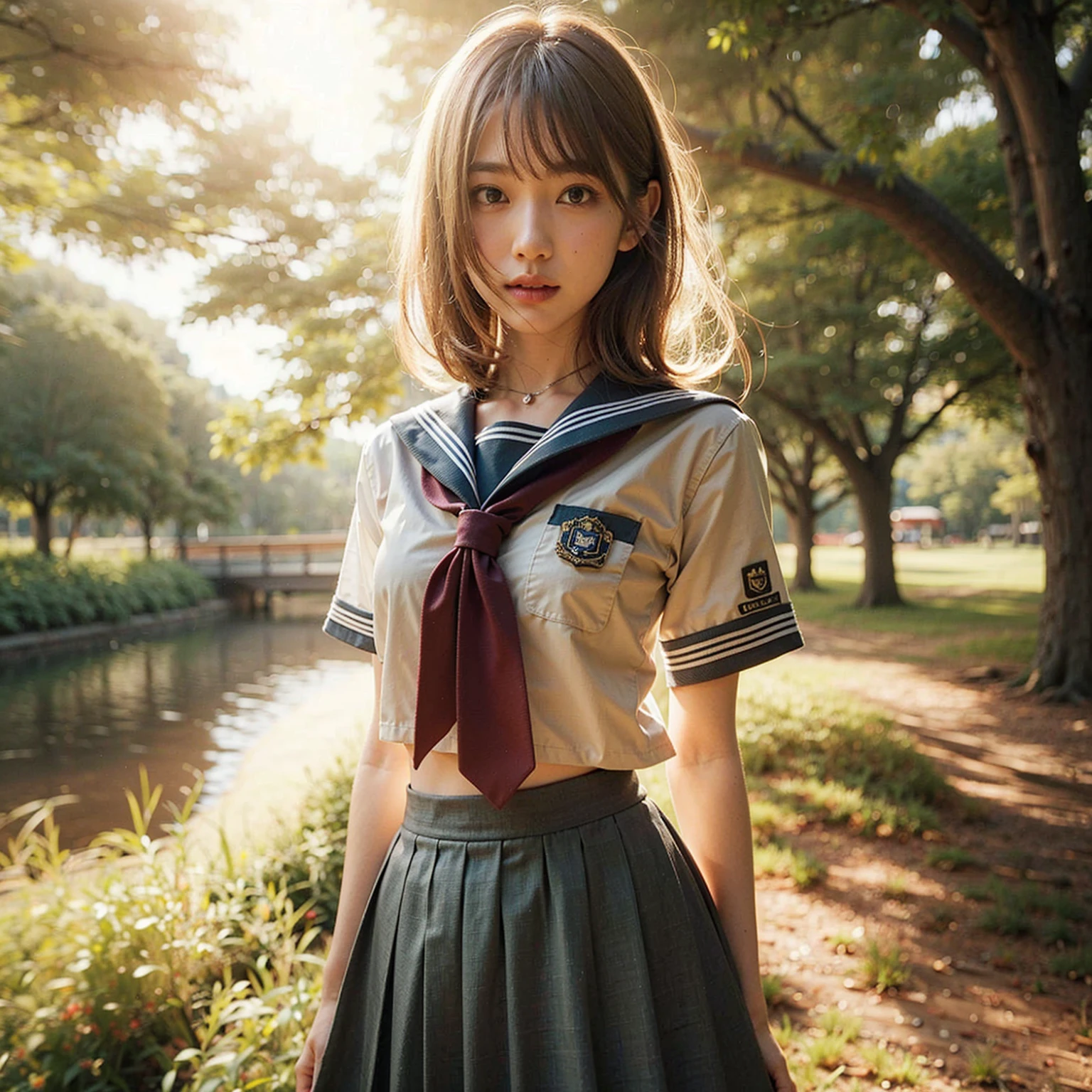 (masterpiece, best quality:1.2), (8k, uhd, ultra high res), professional lighting, (super intricate all details), (super realistic all textures), realistic photo, ultra sharp photo result, superrealism, Lakeside park with sunlight shining through the trees, (school uniform, shirt, skirt), japanese female, 17 years old, , skinny body, flat chest, extremely beautiful face, super detailed face, super real skin, super detailed eyes