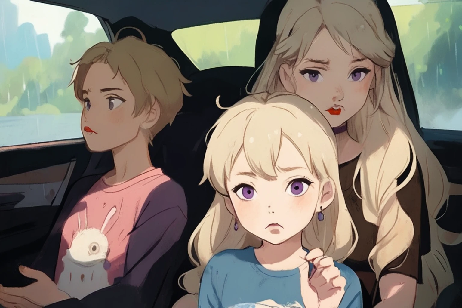 children's picture books,crayon paintings, 1 woman, bangs, blonde hair, car, car interior, closed mouth, earrings, ground vehicle, gothic black dress, jewelry, lipstick, long hair, looking at the road, makeup, motor vehicle, purple eyes, rain, red lips, solo, hand on the steering wheel, eyes on the road, looking sad