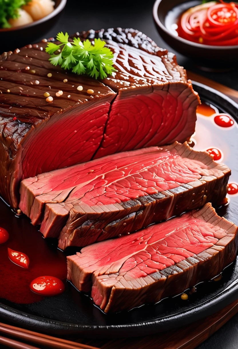 A large cut of beef，Braised，The outer surface is dark black，Cut surface is red，Have an appetite，Textured，High realism。