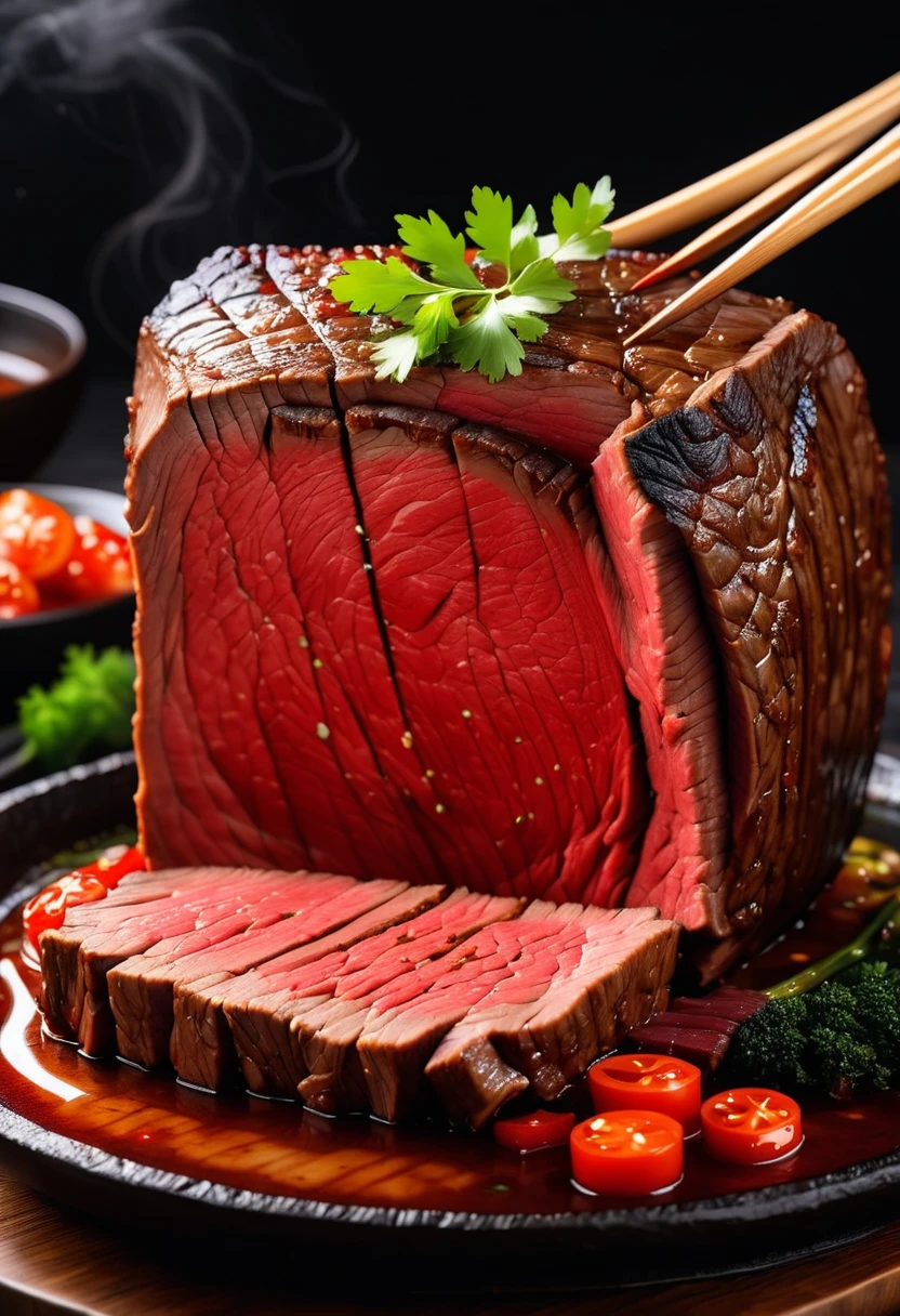 A large cut of beef，Braised，The outer surface is dark black，Cut surface is red，Have an appetite，Textured，High realism。