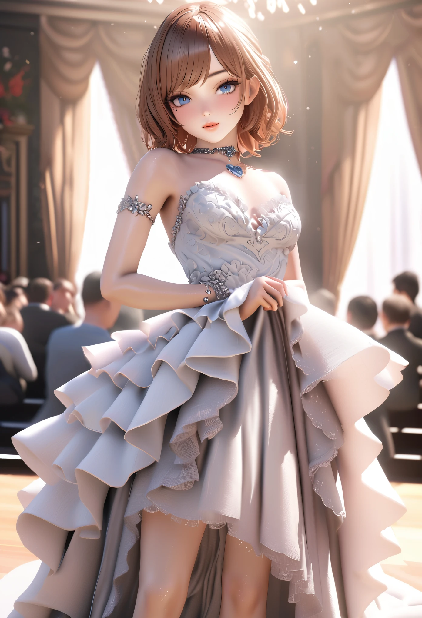 One girl, looking at the audience,
beautiful blue eyes, brown short hair, mole under eye, plump glossy lips, heart shaped choker, idol, smiling, . . . . 3D, realistic,
princess dress with too many frills, draped clothes, jewels, embellishments stripped away, floral patterns, lace trim, bright stage,
masterpiece, best quality, 8k, detailed skin texture, detailed fabric texture, beautifully detailed face, intricate details, highly detailed,
ultra high resolution, 8K Ultra HD, film grain, best shadows, delicate, looking at the audience, front