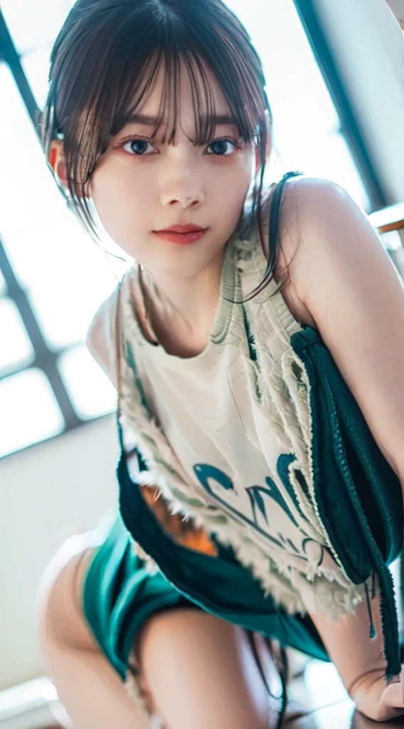 ((((masterpiece, best quality, high resolution)))), Extremely detailed 8K, Beautiful girl with voluptuous body, (Ultra HD, Ultra-detailed, Highly detailed, Highly realistic, Ultra-realistic, photograph realistic), (1girl:1.5), (Realistic white hair), short wavy hair, bob cut, (dynamic poses), facing at camera, light smile, purple eyes, average breasts, (beautiful detailed face, beautiful detailed eyes), (white tank top, thin material), cleavage, dark jean shorts, glow, sweat, (sunbeam, sunlight)