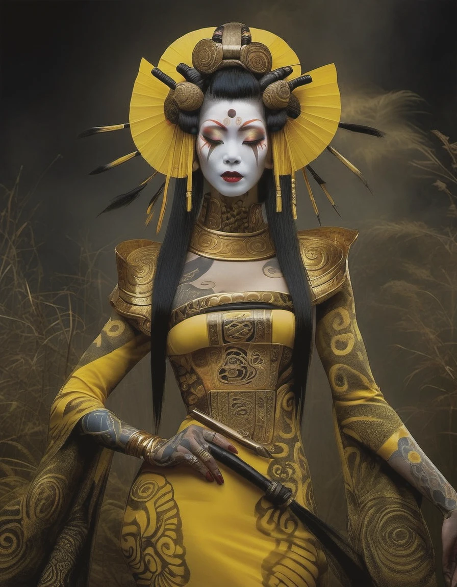 glamorous photo HDR photo of Biopunk shaman voodoo geisha with yellow Gustav Klimt dress, vodoo tattoos, dark swamp, sunrise, fog, gold and petrol pattern . High dynamic range, vivid, rich details, clear shadows and highlights, realistic, intense, enhanced contrast, highly detailed . high fashion, luxurious, extravagant, stylish, sensual, opulent, elegance, stunning beauty, professional, high contrast, detailed