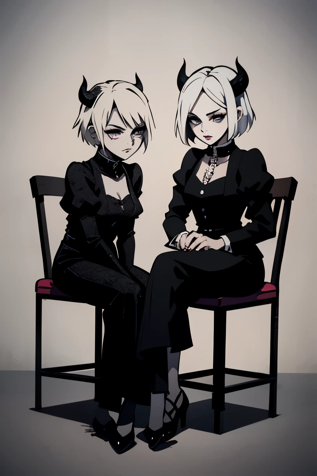there are two women dressed in gothic costumes sitting on a stool, ska skeleton and girlfriend, in style the demon seated, imvu, dressed in crustpunk clothing, gothic harts, second life avatar, couple pose, demoness, grungy gothic, 2 b, 2b, dark and gothic, shaded, goth, dressed in punk clothing