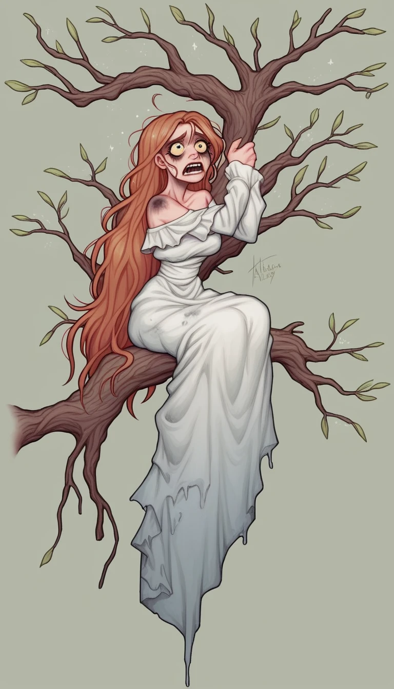 a very scary old female ghost with a hunched body has super very long and super very huge tits, long hair is tangled and messy, wears a very shabby white dress and has very dirty stains, looks floating, trippy forest, sitting on a banyan tree branch, very scary,