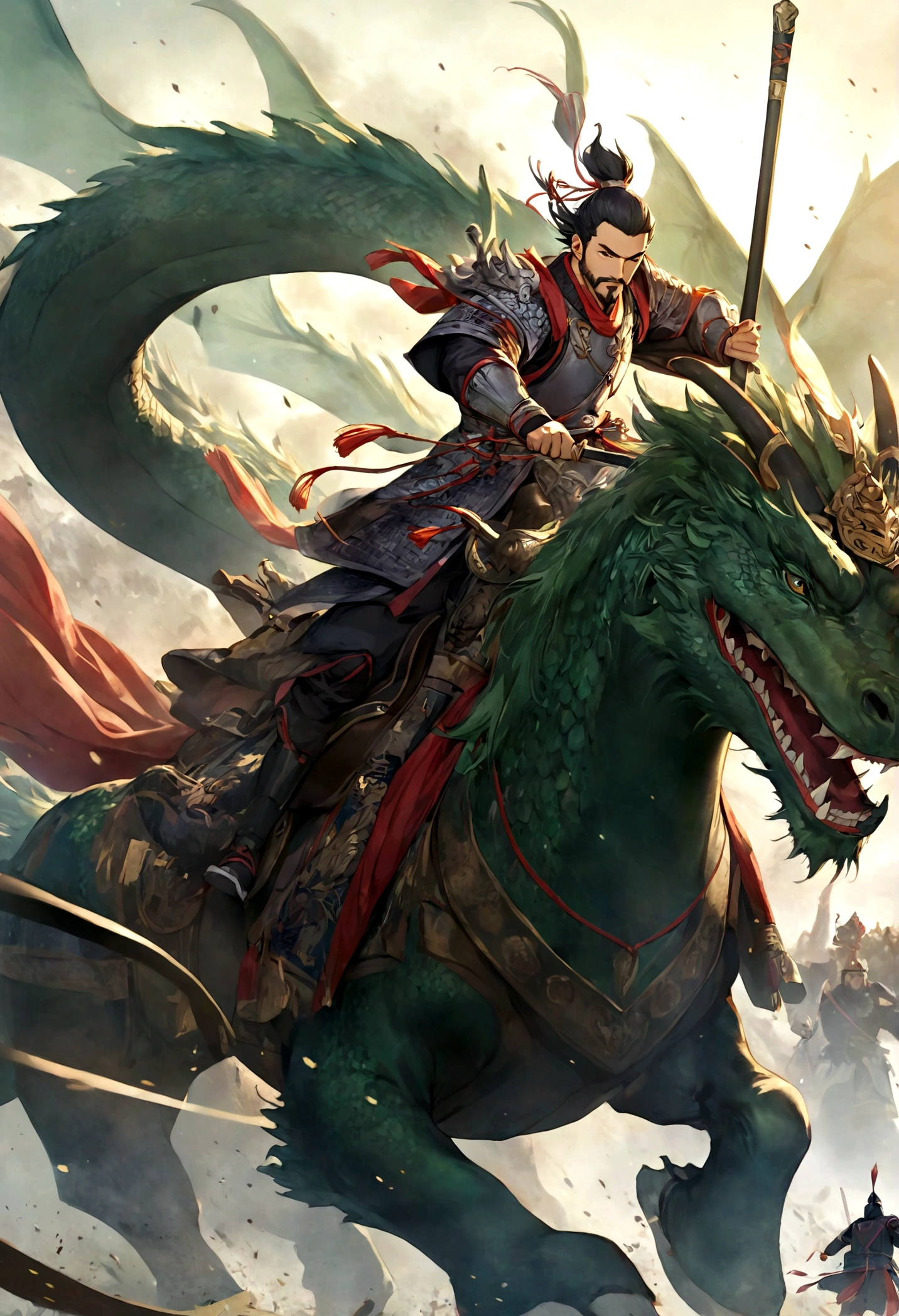 Three Kingdoms，black arabian knight,beard, Galloping on the back of a giant green dragon,Bright armor,Holding the Qinglong Yanyue Sword in one hand,Background is battlefield
