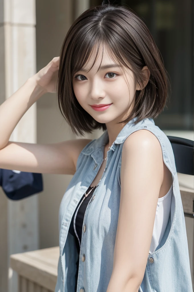 Flying debris、highest quality、shape、 Very detailed、Fine details、 High resolution、8K Dende Wallpaper、Perfect dynamic composition、27歳のpretty girl、pretty girl、Beautiful face in every detail、Small and cute eyes、Textured skin、A modest smile、Wavy short hair、Small breasts、Casual wear、Wear a jacket over a sleeveless shirt、Bold sexy pose、