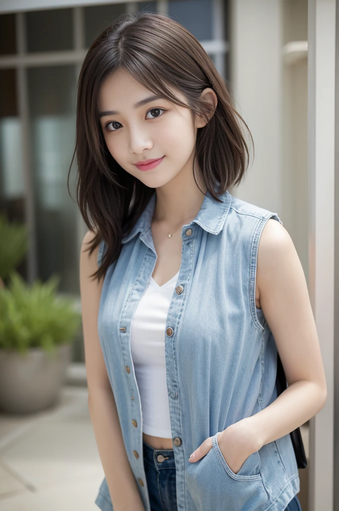 Flying debris、highest quality、shape、 Very detailed、Fine details、 High resolution、8K Dende Wallpaper、Perfect dynamic composition、27歳のpretty girl、pretty girl、Beautiful face in every detail、Small and cute eyes、Textured skin、A modest smile、Wavy short hair、Small breasts、Casual wear、Wear a jacket over a sleeveless shirt、Bold sexy pose、