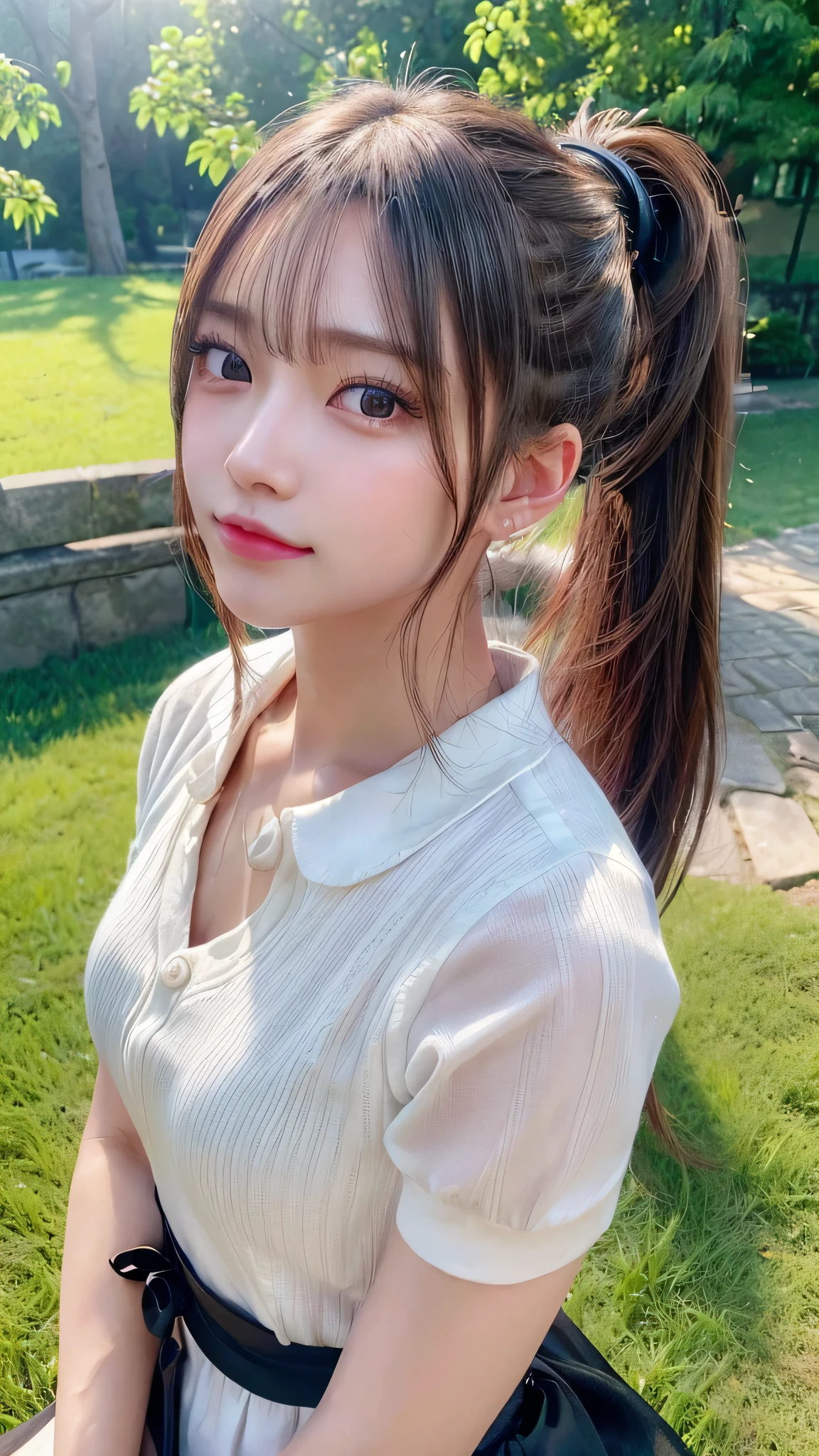 One piece with collar,outdoors,Urban Park,On the lawn,Ultra-detailed, finely detail, hight resolution, 8K Wallpaper, Perfect dynamic composition, Beautiful detailed eyes,Outdoor,Close-up of face,Outdoor,Blushing,Facing forward,,Long hair ponytail,((8K, Raw photo, Best Quality, Mastepiece:1.2), (Realism, Photorealistic:1.4), (Highly detailed 8k wallpaper), Depth of written boundary, Cinematic Lighting, Soft Light, Detailed Beauty Eye,Shiny and smooth light brown ponytail, Asymmetrical bangs, Shiny skin, Ultra-detailed skins ,It is high resolution., High detail, Detailed hairstyle, Detailed facial beauty, Hyper-realistic, Perfect limbs, Perfect ??????? ,1 Japanese girl,Famous Japanese Idols, Perfect female body,A shy smile,Short eyelashes,Double-edged eyelids,Look straight here,Hair style: ponytail,
