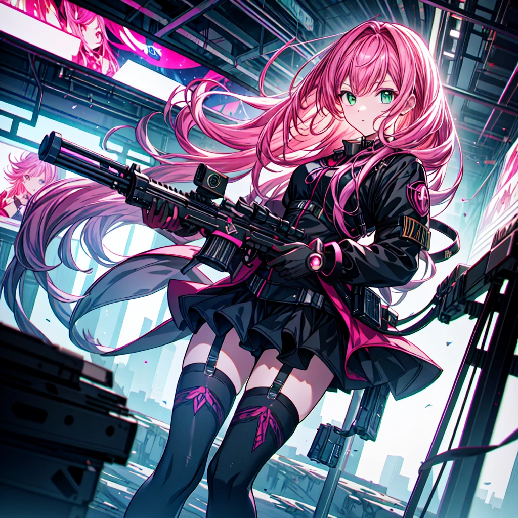 1girl、[17277fbe68],minaba hideo、High quality、Maximum detail、(((highest quality、Masterpiece、Official Art、The best dynamic composition)))、(Fine hair)、(Tabletop, highest quality), Super detailed, Anime Style, whole body, Cyberpunk Girl, Gripping a high-tech rifle, Pink Hair, Glowing green eyes, Wearing a magical girl costume , 8K High Resolution, Trend Art Station, White Background, Standing in the Wilderness, whole body,