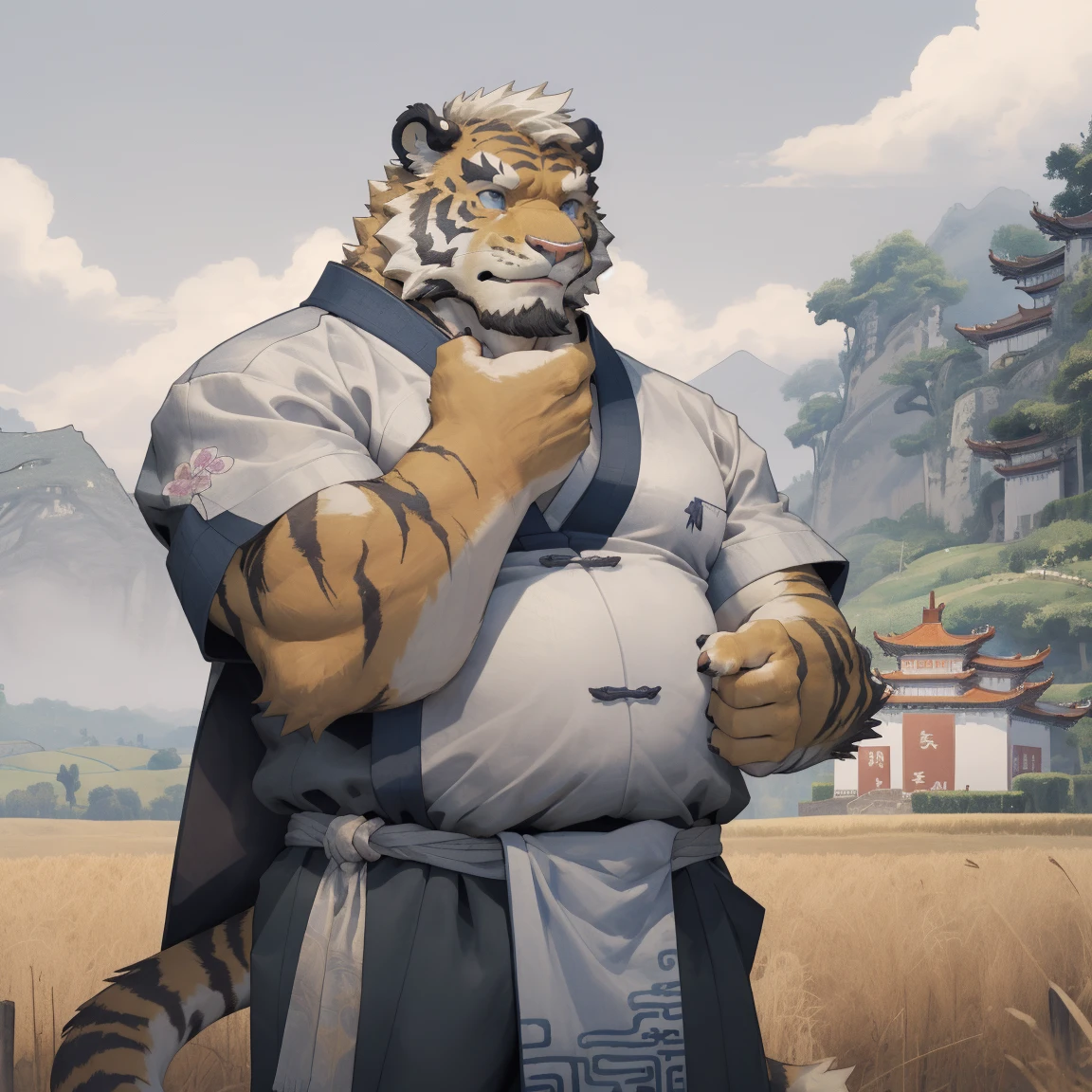 sweaty muscular naked upper body in the village hairy anthropomorphic chest hair serious face(Scar on face) Mature (Golden Eyes)Huge muscular ripped abs wild warrior martial arts master ambitious thoughtful vicissitudes of life uncle albino white tiger
