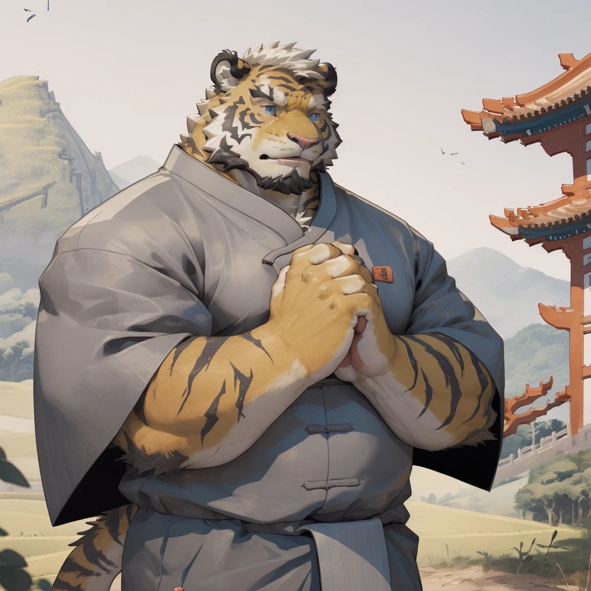 masterpiece, best quality, 8k resolution, Very detailed, hairy，tiger，((White short hair))，Strong body，((Fifty years old)),((Middle-aged and elderly))，(((Blue eyes)))，For the audience，portrait，(Highest quality scene)，(((Gray cloth)))，((Solitary))，Black trousers，whole body，((Touching his chin and thinking))，(Mature)，(((Chinese countryside)))，((yellow fur)),Standing，((farmer))