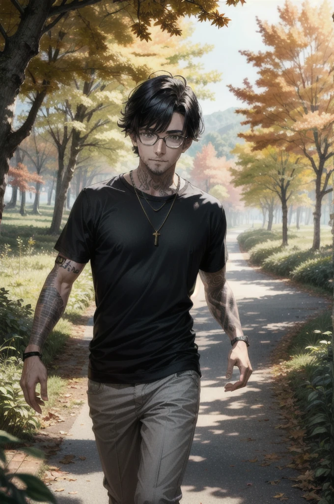 ((ultra detailed, masterpiece, absurdres))
 1boy, solo, black hair, tattoo, necklace,  black beard stubble, glasses, Rustic autumn forest, dynamic lighting, golden leaves, winding paths