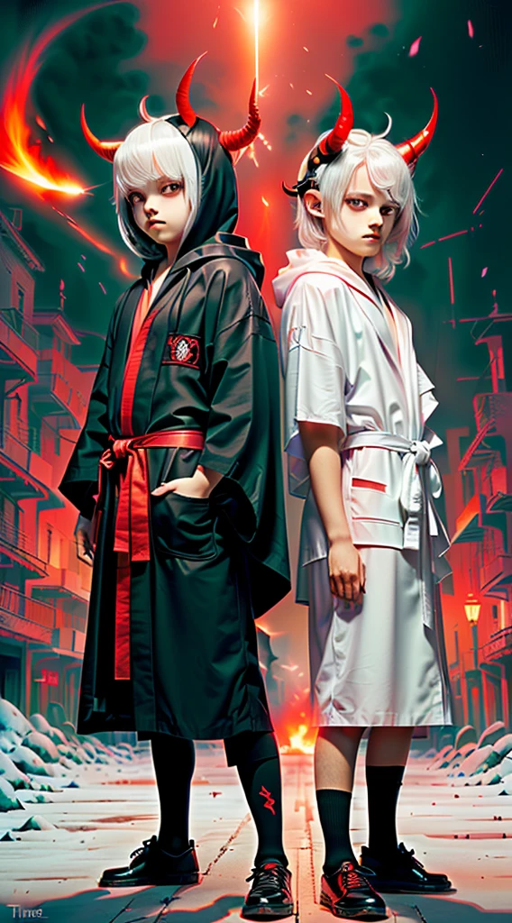 Highest quality, movie quality, the battle between the devil and the god of death, the devil (girl, 10 years old, red hair, wearing a tsuntsun head and horn, red aura), Shinigami (boy, 9 years old, white hair, straight hair, hooded robe, black sickle), the background is Tsukiyo and Venice