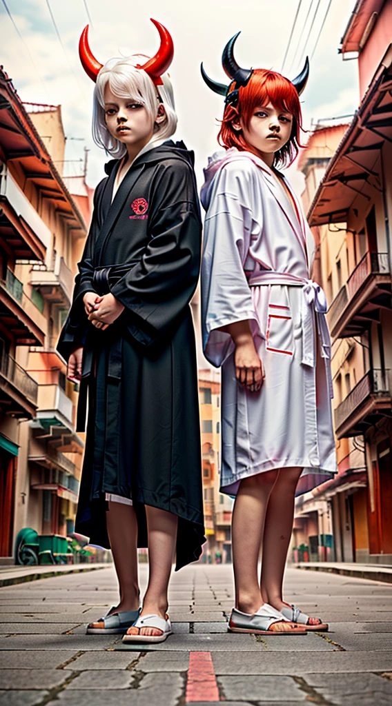 Highest quality, movie quality, the battle between the devil and the god of death, the devil (girl, 10 years old, red hair, wearing a tsuntsun head and horn, red aura), Shinigami (boy, 9 years old, white hair, straight hair, hooded robe, black sickle), the background is Tsukiyo and Venice